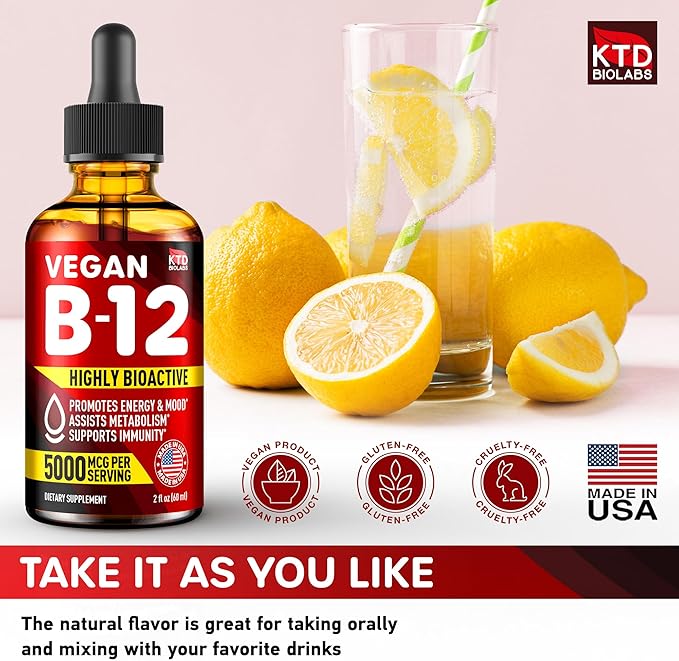 B12 Sublingual 5000 mcg Drops - Made in USA - Vegan B12 Vitamins for Energy, Mood & Memory - Highly Bioavailable Sublingual Drops - Methylcobalamin for Women & Men - 2 fl. oz.