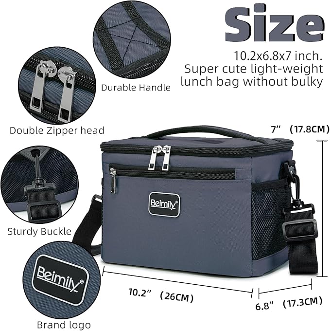 BEIMILY Lunch Box for Men/Women,Small Insulated Lunch Bag,Reusable LunchBox for work Picnic Hiking Beach,Leakproof Soft Cooler Tote Bag Organizer with Adjustable Shoulder Strap for Adults(Gray)