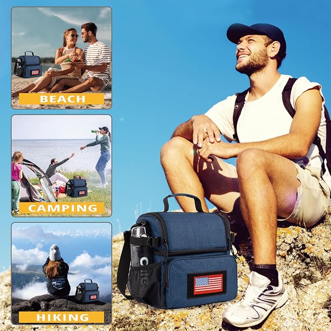 ATRIPACK 2 Compartment Lunch Bag for Men Adult, Tactical Lunch Box Leakproof Insulated Large Cooler Bag for Work with Adjustable Shoulder Strap Flag Double Layer Lunch Pail（Blue）