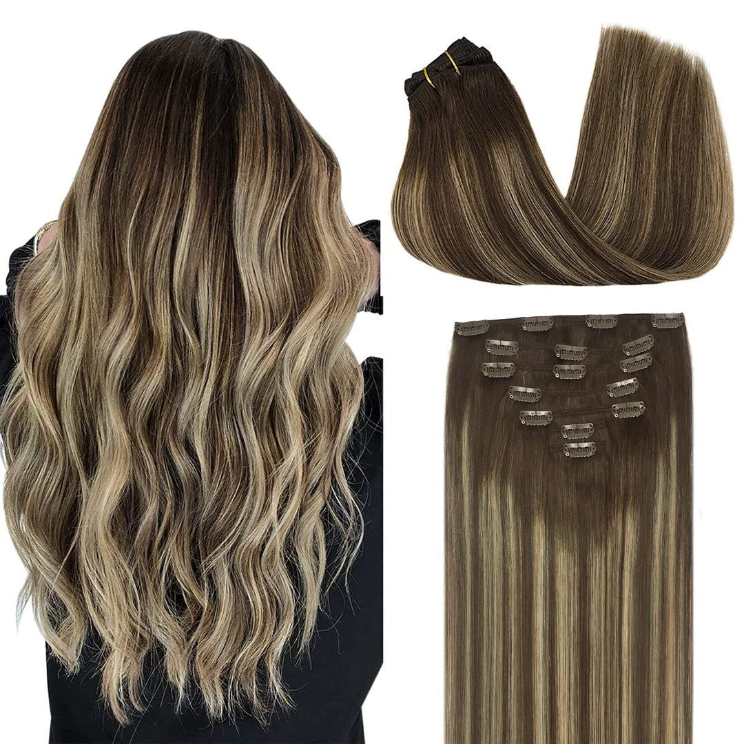 Doores Hair Extensions Clip In Human Hair Balayage Chocolate Brown To Honey Blonde 14 Inch 7Pcs 120G Real Hair Extensions Clip I