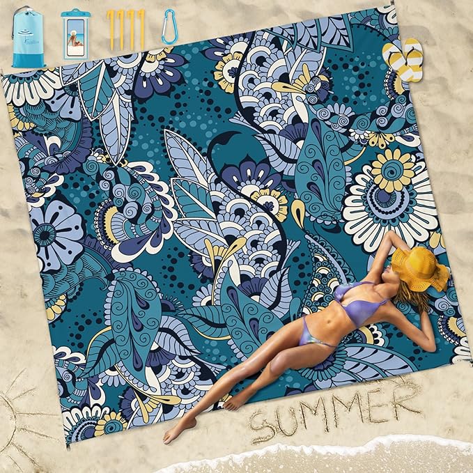 Beach Blanket Sandproof Waterproof 78''×81''1-5 Adults Oversized,Compact Lightweight Durable Beach Mat for Travel Camping Hiking Picnic Blanket