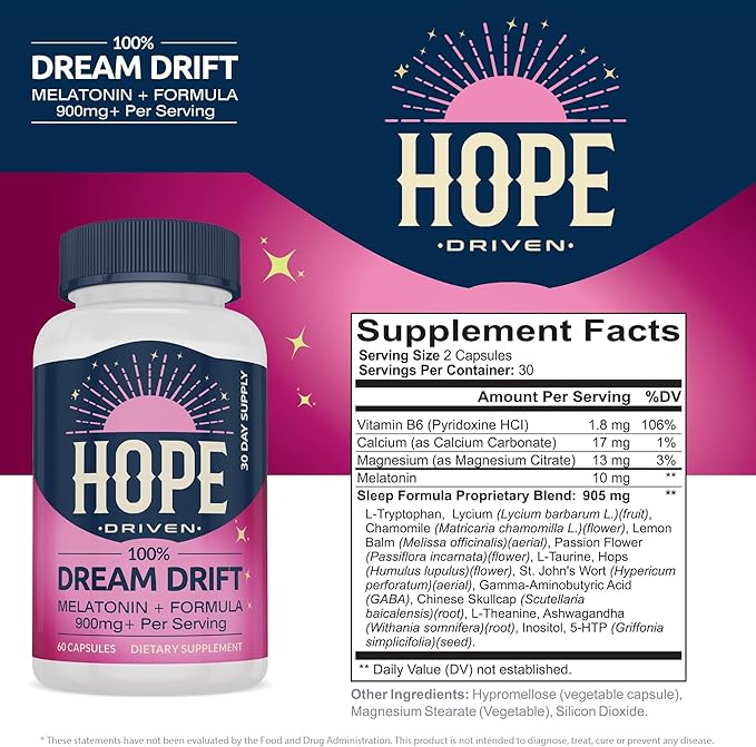 Dream Drift Melatonin+ Sleep Aid Supplements for Adults – 60 Count – Enhanced with Magnesium, Ashwagandha, and L-Theanine for Restful Sleep and Recovery-10mg Melatonin Sleeping Pills.