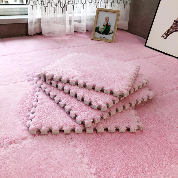 easycustomerlee 12pcs Interlocking Carpet Shaggy Soft EVA Foam Mats Fluffy Rugs Protective Floor Tiles Play Mats for Children Kids Room Home Parlor Bedroom(Pink)