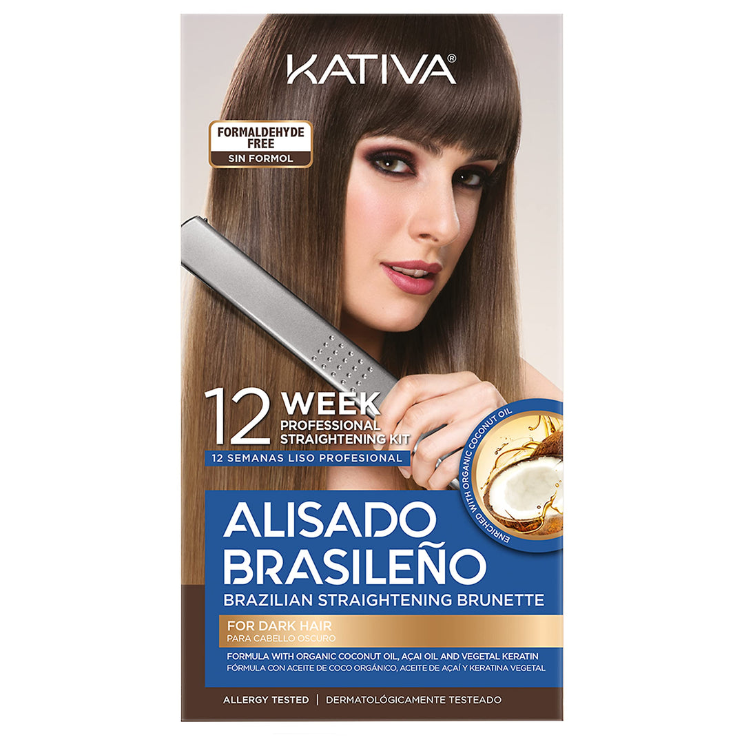 Kativa Brazilian Straightening Brunette Kit, 12 Weeks of Home Use Professional Straightening, with Organic Coconut Oil, Açai Oil, and Keratin, for Straighter, Softer and Shinier Dark-Coloured Hair