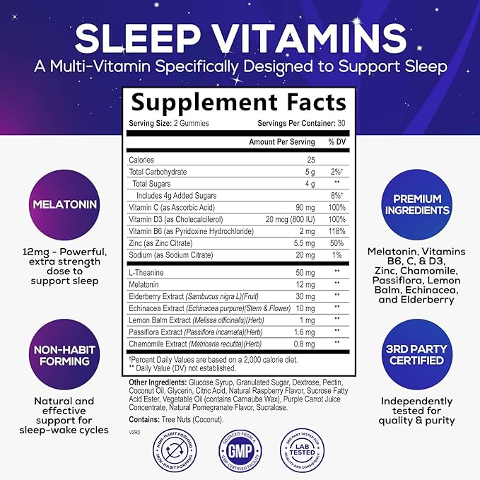 Sleep Gummies - 12mg Melatonin Natural Sleep Vitamin Supplement Formula with L-theanine, Chamomile, & Lemon Balm - Extra Strength Sleep Gummy, Non-Habit Forming Restful Sleep Women & Men - 60 Gummies