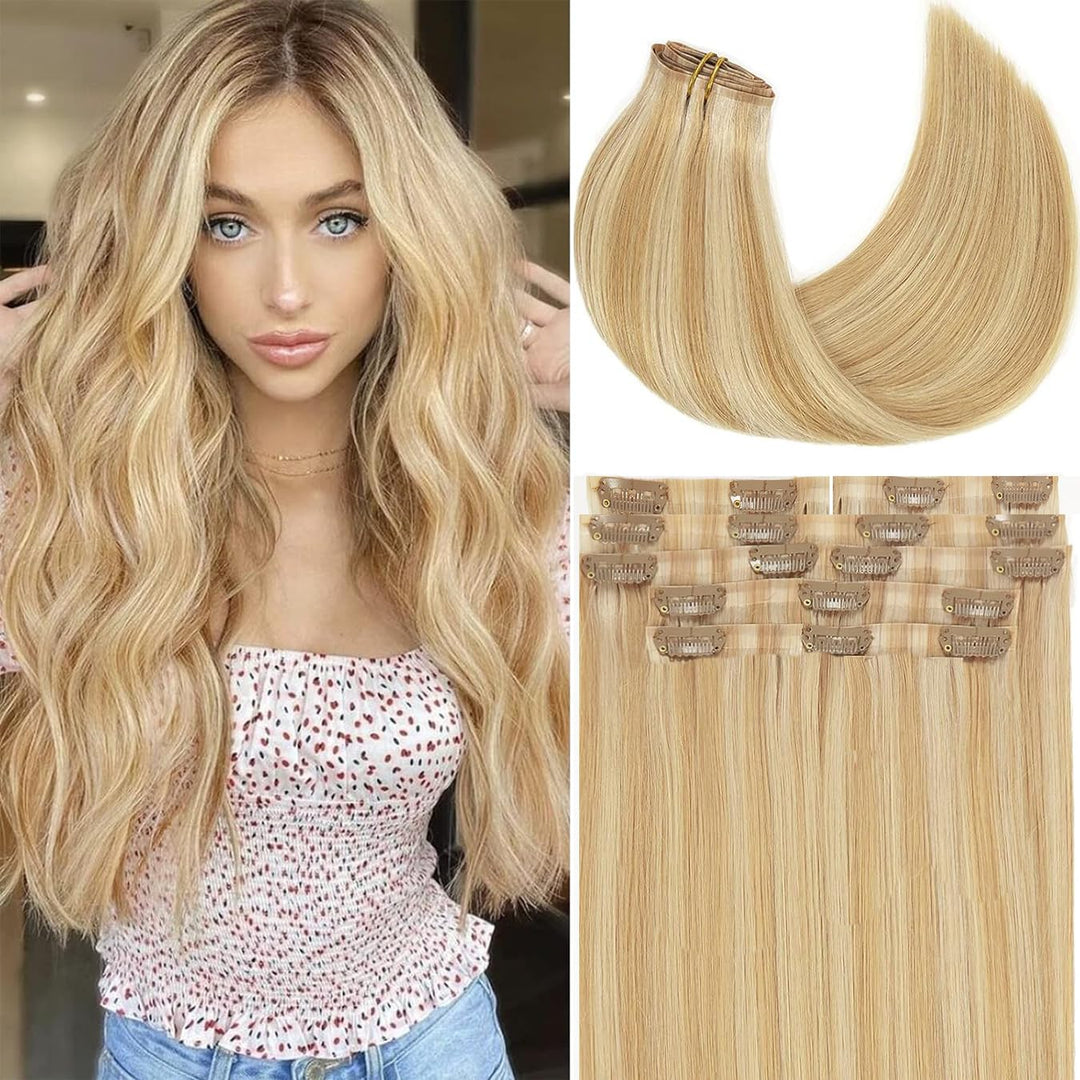 Loxxy Human Hair Clip In Extensions Thin Pu Weft Highlight Golden Brown Mixed With Platinum Blonde Invisible Seamless Clip In Ha