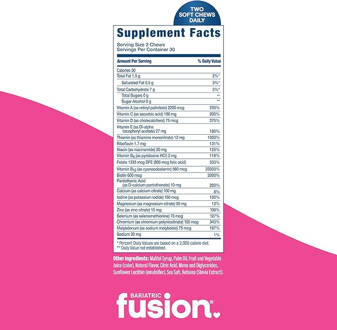 Bariatric Fusion Bariatric Multivitamin Soft Chew | Watermelon Fruit Flavor | Chewy for Post Bariatric Surgery Patients Including Gastric Bypass and Sleeve Gastrectomy | 60 Count | 1 Month Supply