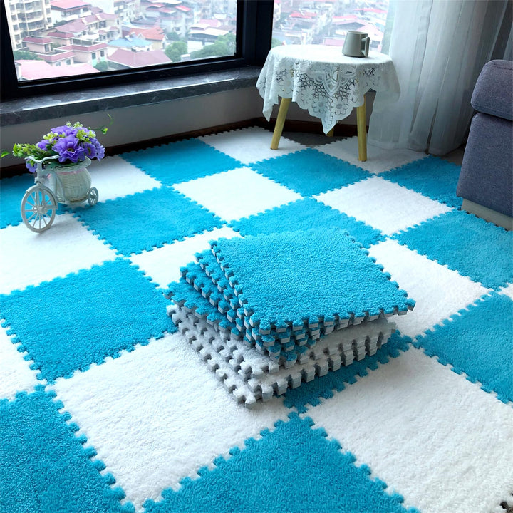 easycustomerlee 12pcs Interlocking Carpet Shaggy Soft EVA Foam Mats Fluffy Rugs Protective Floor Tiles Play Mats for Children Kids Room Home Parlor Bedroom(Blue)