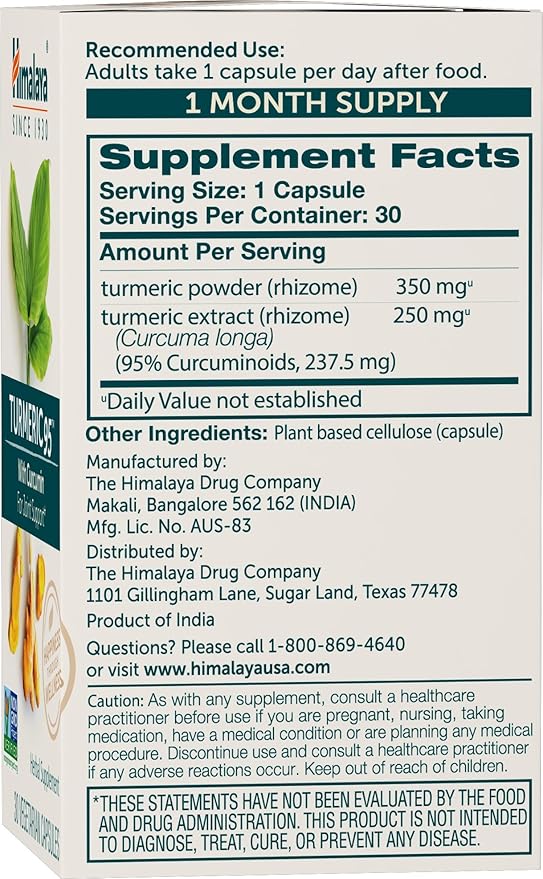 Himalaya Turmeric 95 Supplement with Curcumin/Curcuminoids, Joint and Muscle Support, Optimum Flexibility and Mobility, 600 mg, Non-GMO, Vegan, Gluten Free, 30 Capsules, 30 Day Supply