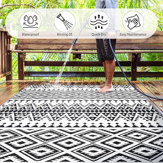 Waterproof Outdoor Rug 5x8ft, Bohemia Reversible Plastic Straw Mat for Patio RV Deck Porch Backyard Balcony Camping Picnic Beach Indoor Outdoor Carpet, Black&White