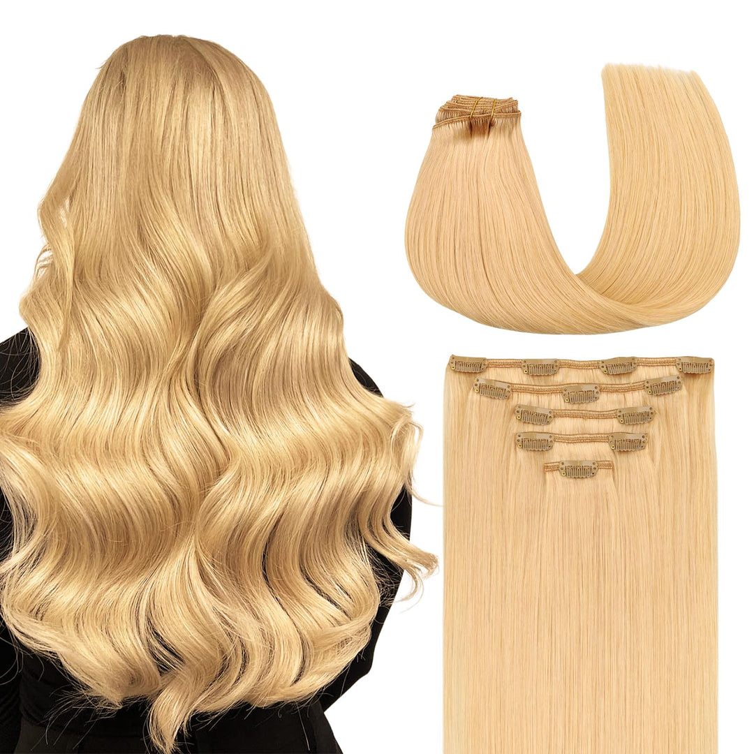 Maxita Clip In Hair Extensions Real Human Hair,85G 5Pcs Beige Blonde 22 Inch,Remy Human Hair Extensions Clip In Straight Hair Ex