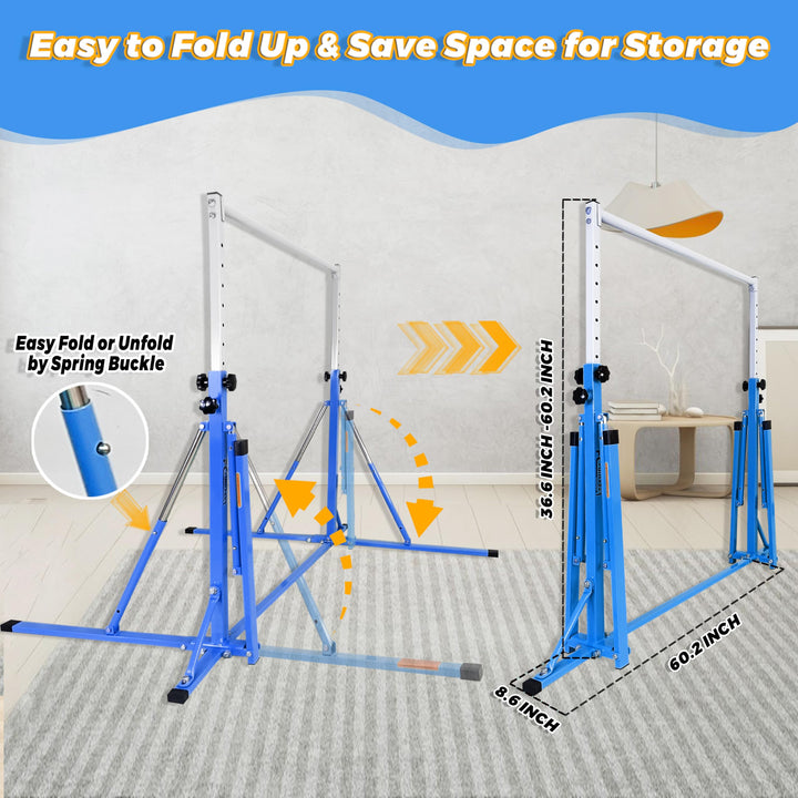 FC FUNCHEER Foldable Gymnastics kip Bar Ages 3-12,Adjustable from 3' to 5', Kids Training bar,Rings-Swing-Mat,Stable Structure-Home Gym Equipment (Foldable with Swing and mat, Blue (Swing with Mat))