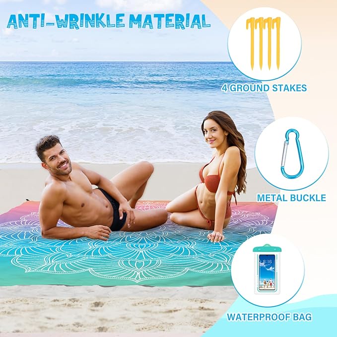 Beach Blanket Waterproof Sandproof 1-7 Adult Oversized 78 '' × 81 '' Lightweight Durable Compact Sand Free Beach Mat for Travel Camping Hiking Picnic Blanket Extra Large