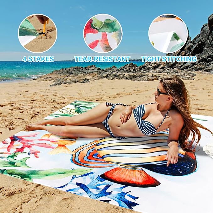 Beach Blanket, Sandproof Beach Mat 79" X 82" for 4-7 Adults, Large Waterproof Beach Blanket Quick Drying Lightweight Beach Blanket with 4 Stakes for Travel Camping Hiking (Deep Sea)