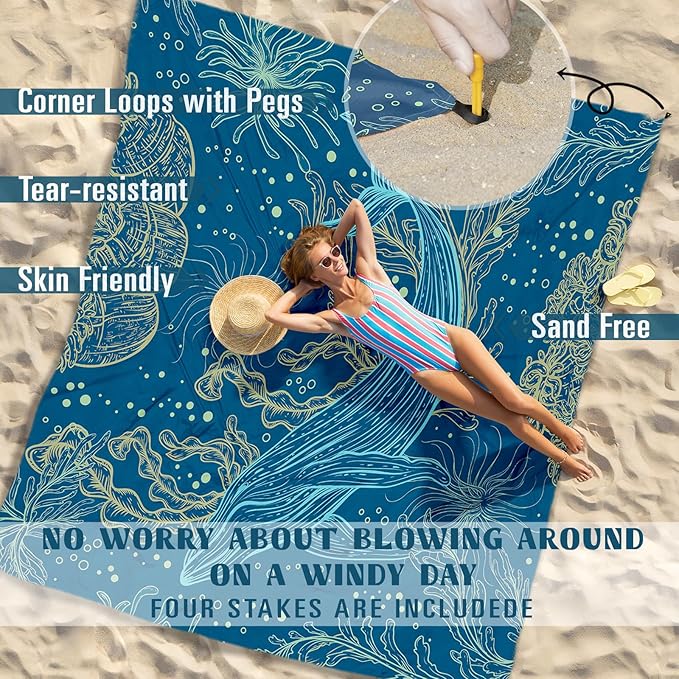Beach Blanket Sandproof Waterproof 78''×81''1-5Adults Oversized,Compact Lightweight Durable Beach Mat for Travel Camping Hiking Picnic Blanket