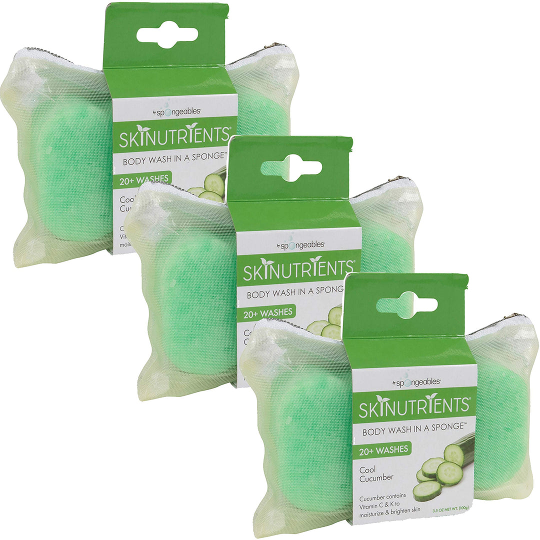 Spongeables Body Wash In A 20+ Wash Sponge, Cool Cucumber, 3 Count