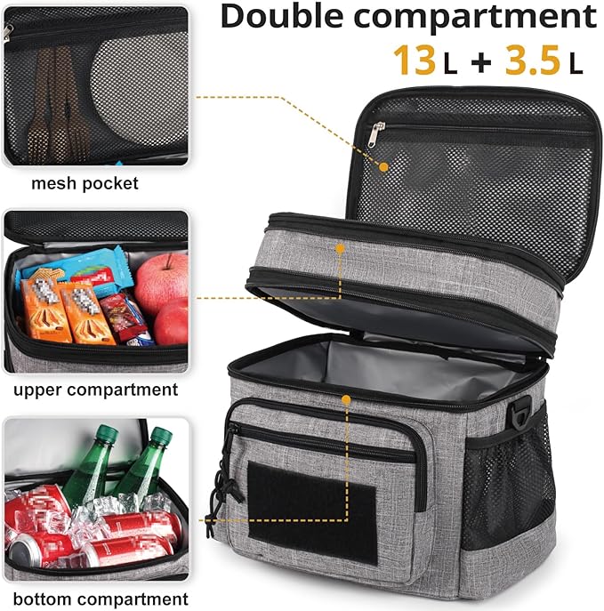 ATRIPACK Lunch Bag for Men, Double Deck Tactical Lunch Box Work with Shoulder Strap MOLLE Webbing Large Lunch Cooler Leakproof Insulated （Grey）