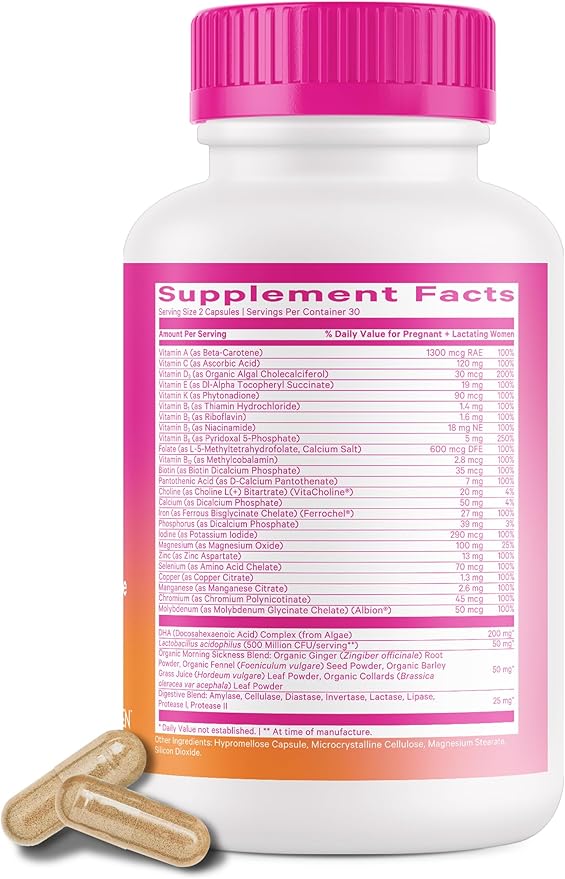 Pink Stork Premium Prenatal Vitamin for Women - Multivitamin & Probiotics - Morning Sickness, Digestion, & Energy - Folate, B6, & Iron - 60 Capsules - 2 Pack