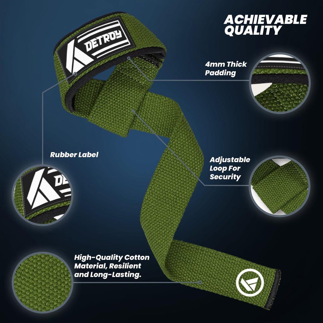 Detroy® Lifting Wrist Straps for Weightlifting, Deadlifts, Bodybuilding, Powerlifting, Gym Strength Training Workouts - Padded Neoprene with 24 inch Webbing Cotton with Silicone Grip for Men & Women (Dark Green)