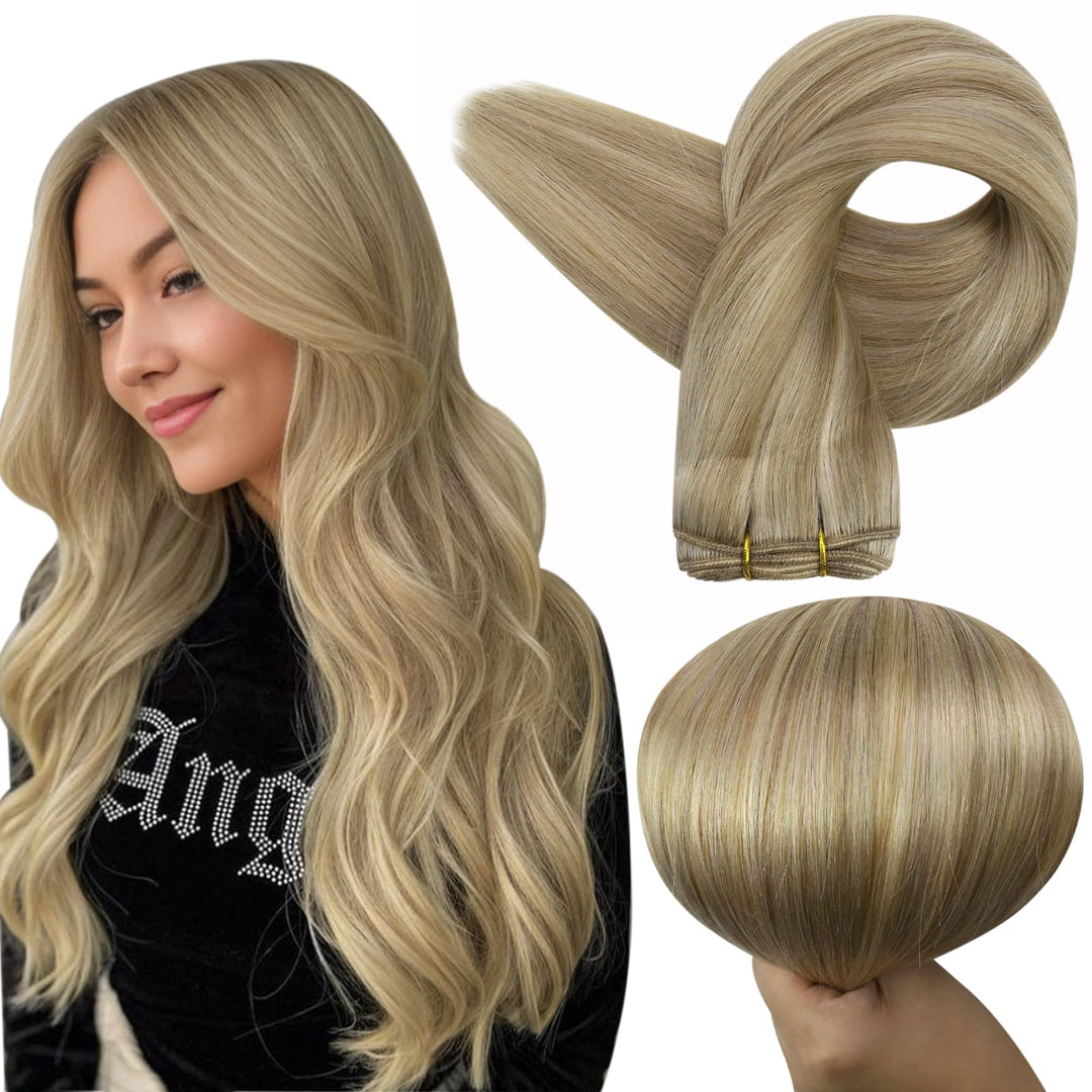 Full Shine Blonde Weft Hair Extensions Straight Human Hair Weft Extensions Invisible Sew In Hair Extensions Color Dark Blonde Mix Platinum Blonde Human Hair Bundles80G 12 Inch