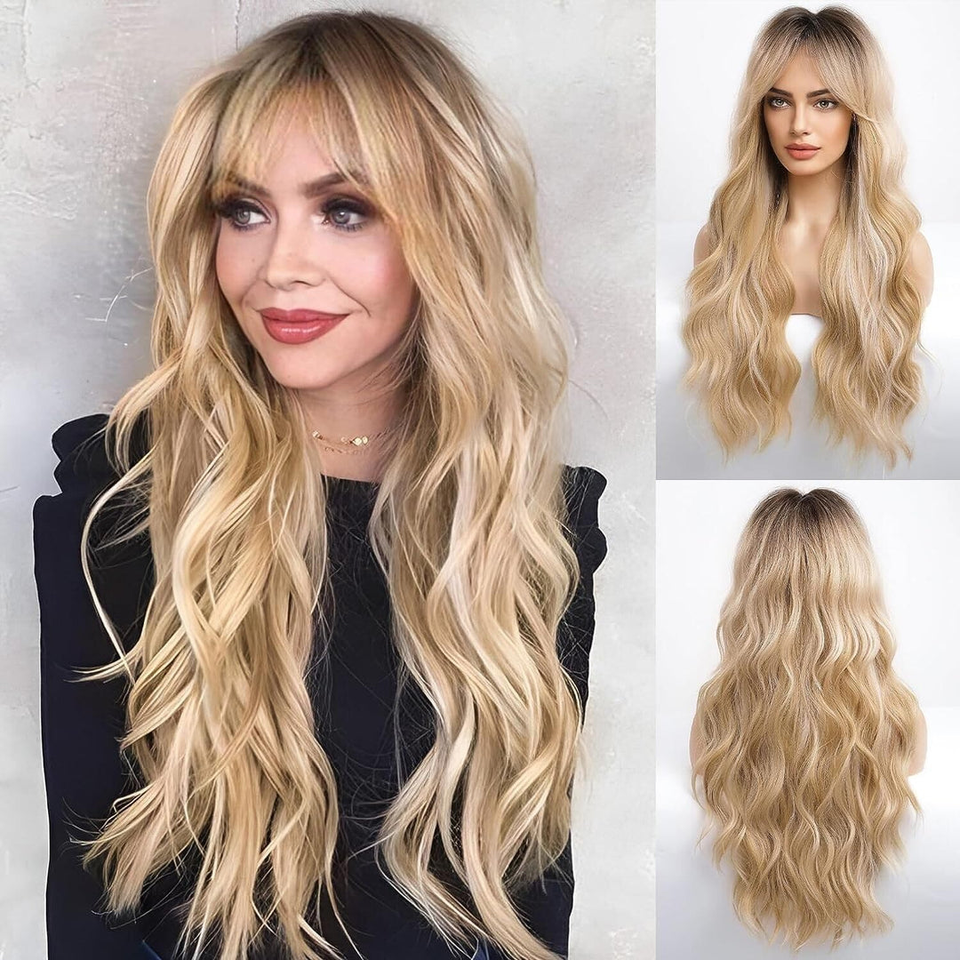 Haircube Blonde Long Curly Wig With Bangs Dark Root Highlight Natural Appearance Heat-Resistant Synthetic Wig Suitable For Fashi