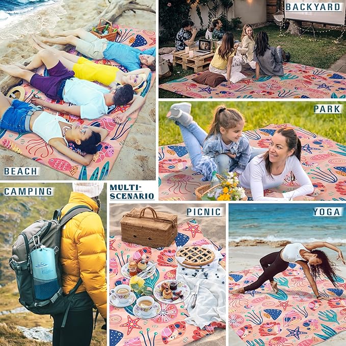 Beach Blanket Sandproof Waterproof 78''×81''1-5Adults Oversized,Compact Lightweight Durable Beach Mat for Travel Camping Hiking Picnic Blanket