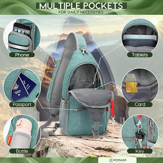 ZOMAKE Small Sling Bag, Travel Sling Backpack, Waterproof Hiking Cycling Crossbody pack for Men Women(Army Green)