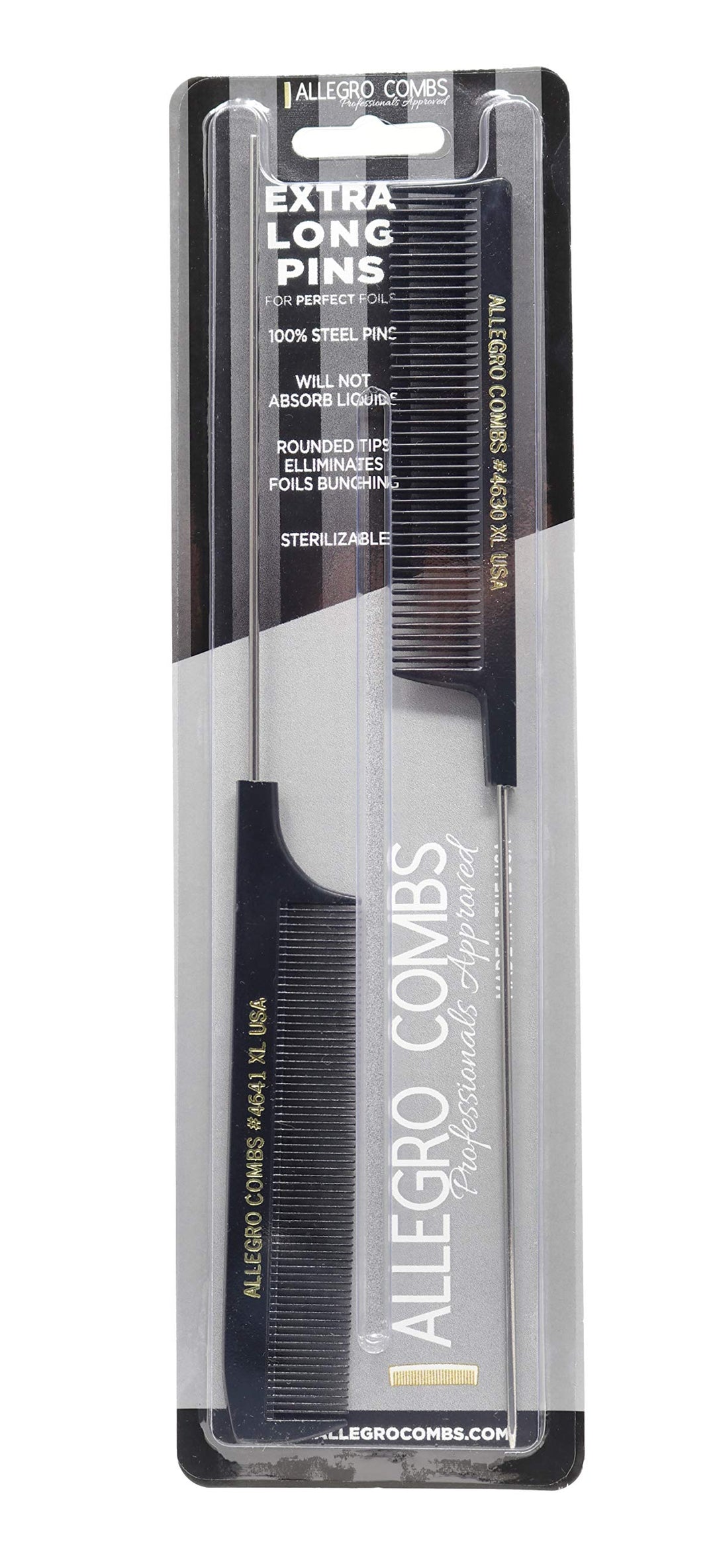 Allegro Combs Xl Pintail Rat Tail Combs Parting Combs Metal Tail Foiling Combs Pin Combs 2 Pc. (Black)