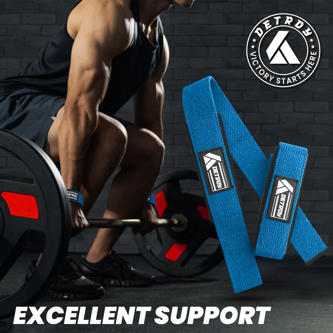 Detroy® Lifting Wrist Straps for Weightlifting, Deadlifts, Bodybuilding, Powerlifting, Gym Strength Training Workouts - Padded Neoprene with 24 inch Webbing Cotton with Silicone Grip for Men & Women (Blue)