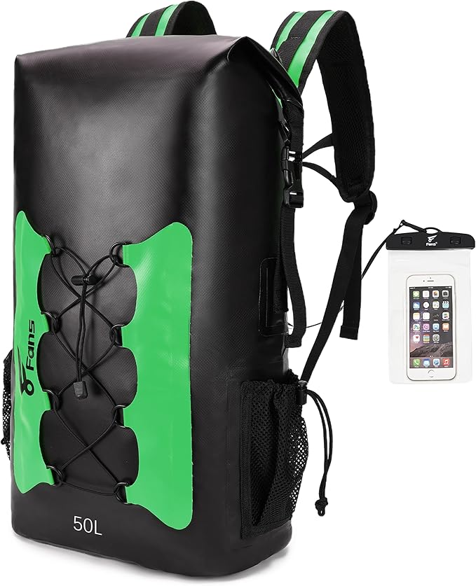 8 Fans Waterproof Backpack 50L,Floating Dry Bag with Phone Case,Roll Top Closure Waterproof Bag for Kayak Boating Sailing Canoeing Rafting Fishing Camping Green