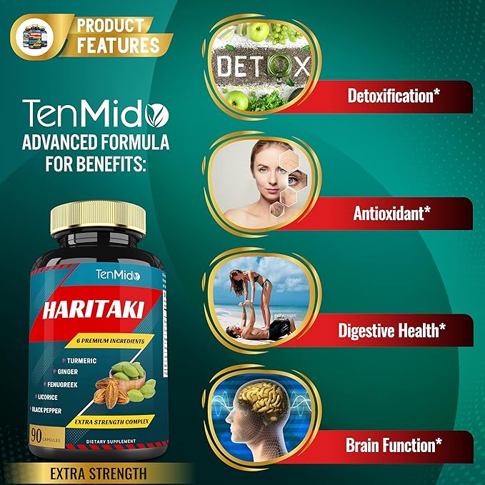 Haritaki Supplements Extract Capsules with Turmeric, Ginger, Fenugreek, Licorice, Black Pepper | Nourishes, Rejuvenates Body, 3 Months Supply