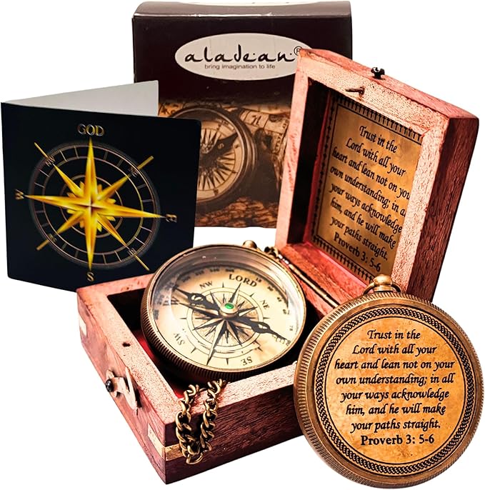 Trust in The Lord - Proverbs 3: 5-6 Engraved Compass, Wood Box Greeting, Inspirational Gift Men, Christian Boys Baptism Gifts, Graduation Day