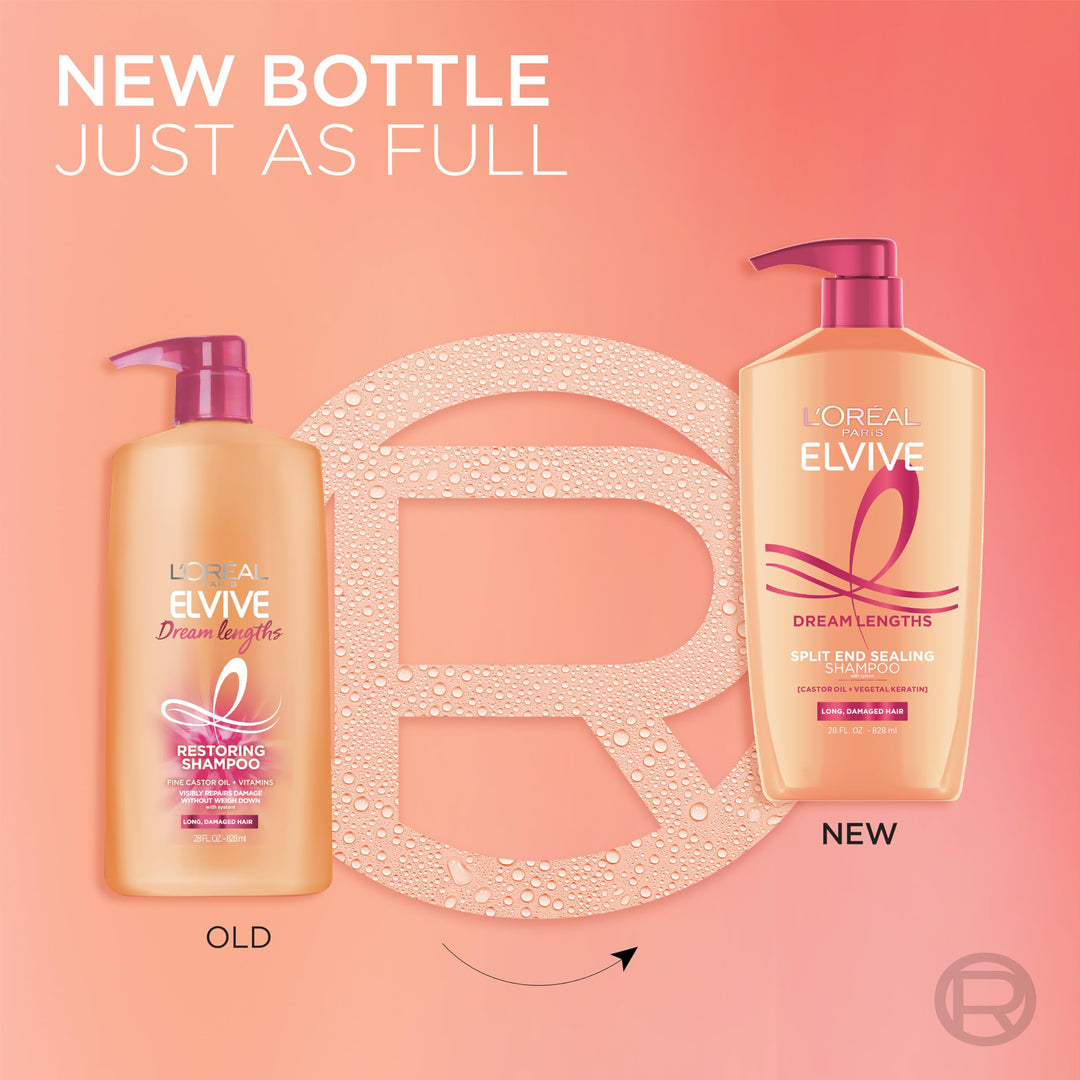 L'Oreal Paris Elvive Dream Lengths Restoring Shampoo With Fine Castor Oil and Vitamins B3 and B5 for Long, Damaged Hair, Visibly Repairs Damage Without Weighdown With System, 28 Fl Ounce