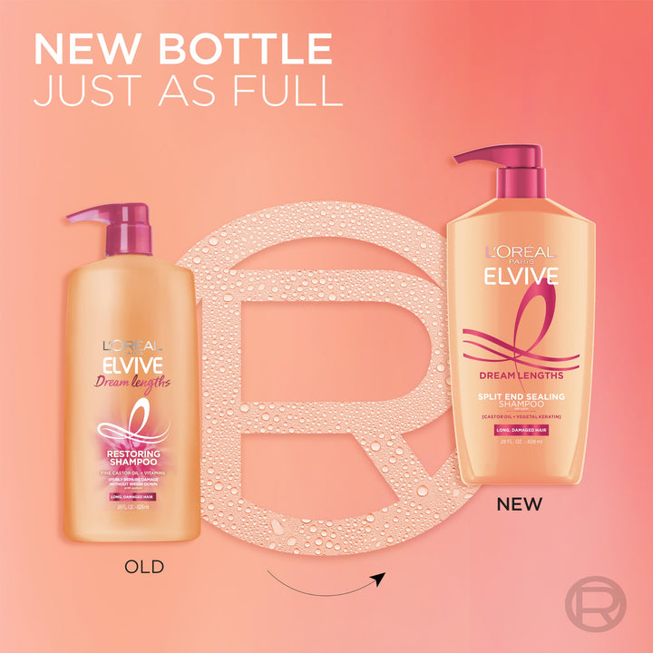 L'Oreal Paris Elvive Dream Lengths Restoring Shampoo With Fine Castor Oil and Vitamins B3 and B5 for Long, Damaged Hair, Visibly Repairs Damage Without Weighdown With System, 28 Fl Ounce