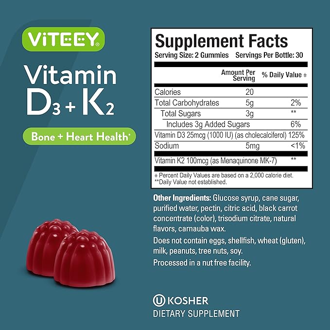 Vitamin D3 K2 Gummies - 1000 IU Vitamin D3 and K2 100mcg - Bone & Heart Health for Adults and Teens - Vegetarian, Gelatin Free, GMO Free - Tasty Chewable D3K2 Vitamins Strawberry Flavored Gummy