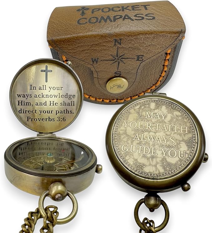Handmade Religious Compass – “God is with You” Engraved Working Brass Gift – Christian Baptism, Confirmation, Christening or First Communion Keepsake for Boys, Teens & Men – Guided by Faith