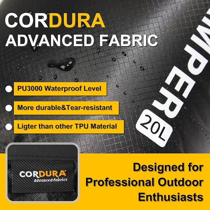 Upgraded CORDURA Waterproof Dry Bag-Durable&Lightweight Storage Sack for Hiking, Kayaking&Rafting-Roll Top with Survival Whistle-Ideal for high-intensity Use-Float on Water(20L/Black)