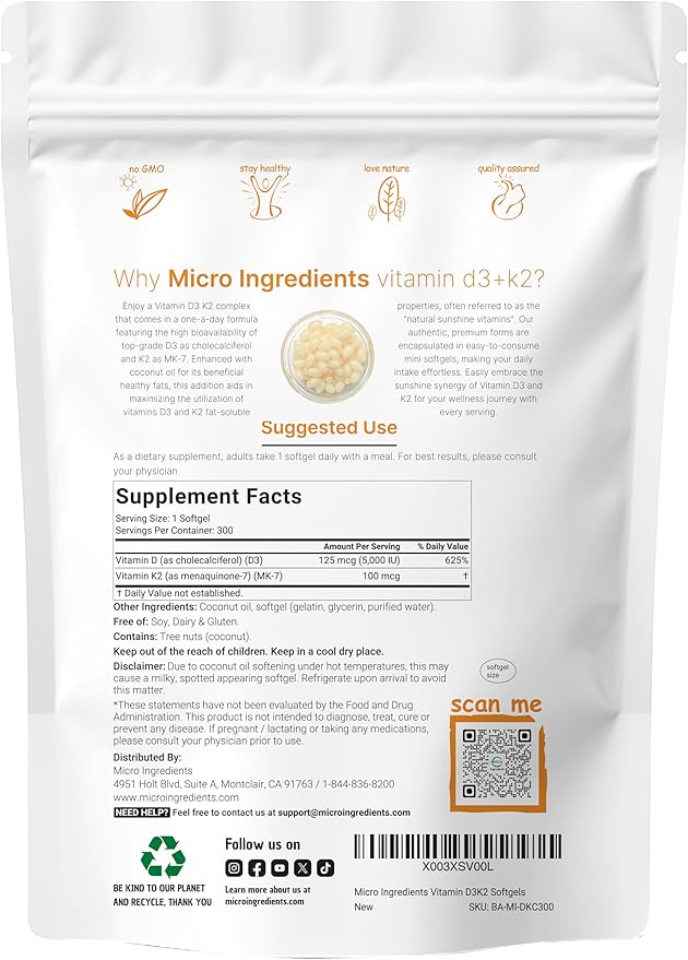 Micro Ingredients Vitamin D3 5000 IU Plus K2 (MK-7) 100 mcg, 300 Virgin Coconut Oil Softgels | 2 in 1 Vitamins D & K Complex | Supports Calcium Absorption, Bone, Immune, & Heart Health