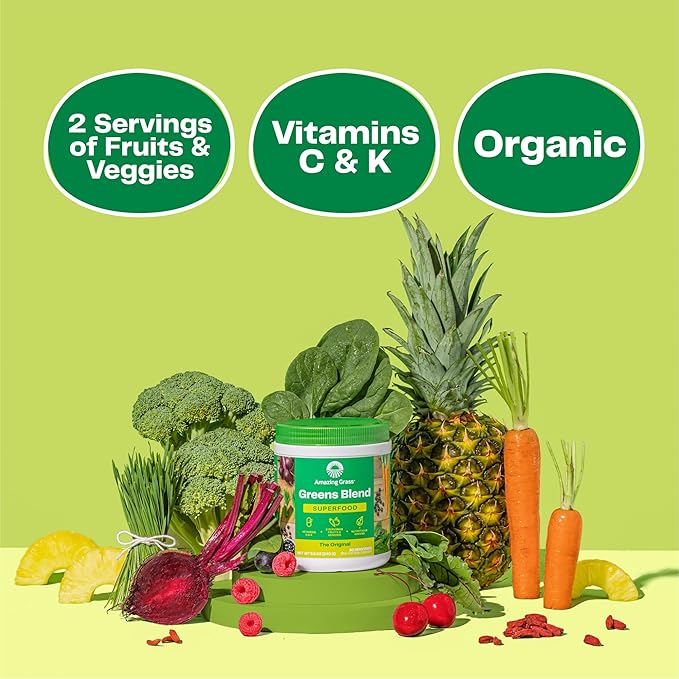 Bundle of Amazing Grass Greens Superfood Powder: Greens Powder with Digestive Enzymes & Probiotics, Organic Spirulina, Chlorella, and Beet Root Powder, Original, 30 Servings (60 Total Servings)
