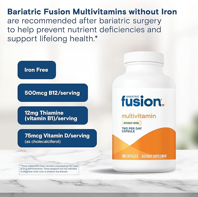 Bariatric Fusion Bariatric Multivitamin Without Iron | Post Bariatric Surgery Patients | Iron Free Bariatric Vitamin for Gastric Bypass and Sleeve Gastrectomy | 180 Capsules | 3 Month Supply