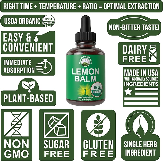 USDA Organic Lemon Balm Tincture. Liquid Organic Lemon Balm Oil Drops Supplement for Relaxation, Calm, Digestion. Vegan Leaf Extract. Zero Sugar, Gluten Free Supplements for Women and Men