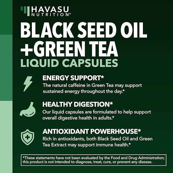 Cold Pressed Black Seed Oil Liquid Capsules with Green Tea Extract for Energy and Digestive Health Support - 60 Count - Nigella Sativa Supplement - Unflavored, Vegan, Non-GMO - 1 Month Supply