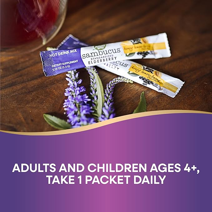 Nature's Way Sambucus Elderberry Hot Drink Mix with Vitamin C and Echinacea, Immune Support*, Honey Lemon-Berry Flavored, 10 Packets