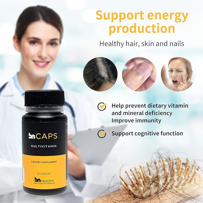 BN Caps - Multivitamin Capsule with 22 Essential Nutrients: Vitamins A, B-6, B-12, C, D3, E, K, Biotin, Iron & Zinc, Supports Men & Women Overall Health, 60 Capsules, 60 Days Supply