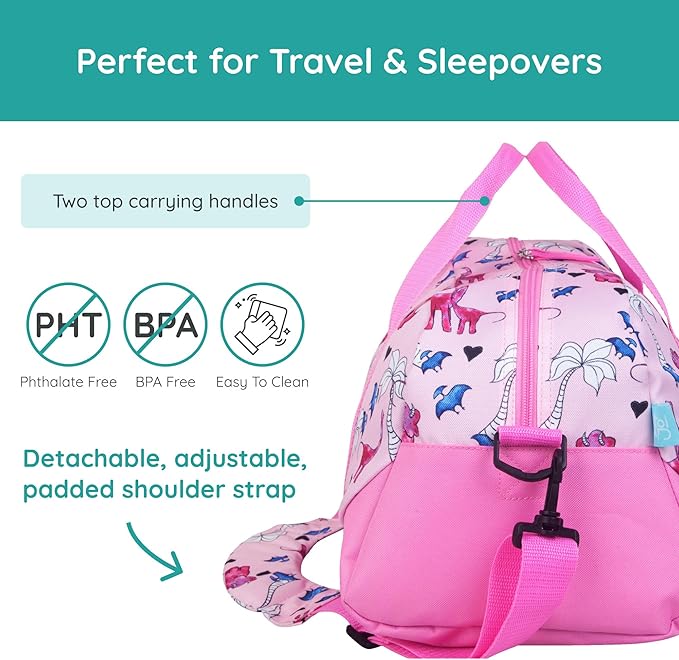 JumpOff Jo by Wildkin Overnighter Duffel Bag – Lightweight Travel Bag for Kids - Pink Dino