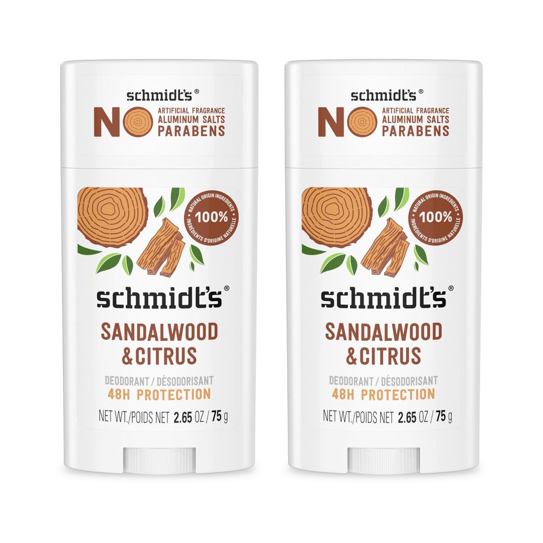 Schmidt's Aluminum-Free Vegan Deodorant Sandalwood & Citrus 2 Count for Women and Men, with 24 Hour Odor Protection, Natural Ingredients, Cruelty-Free, 2.65 oz
