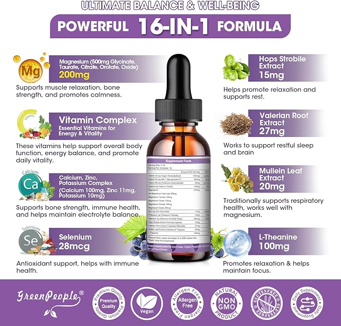 Magnesium Glycinate Liquid Drops - 1000mg 5-in-1 High Absorption Liquid Magnesium Complex with D3/K2/B6 | Fast-Acting, Bone, Muscle & Sleep | Sugar-Free Grape Flavor, 2fl Oz 2 Pack