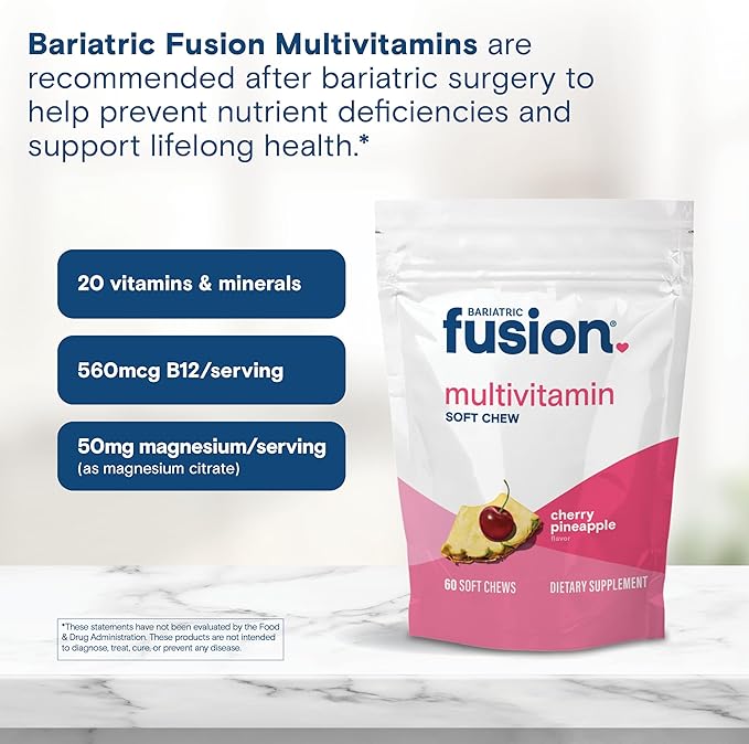 Bariatric Fusion Bariatric Multivitamin Chewable Soft Chew | Cherry Pineapple Flavor | Chewy Bariatric Vitamins for Post Bariatric Surgery Patients | 60 Count | 1 Month Supply