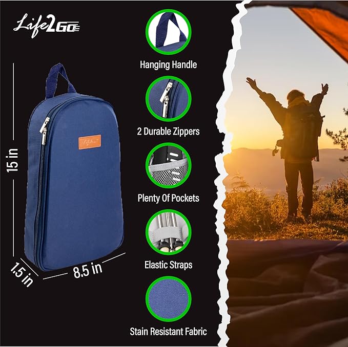 30 Pcs Camp Cooking Utensil Set & Outdoor Kitchen Gear Cookware Kit, Portable Compact Carry Case for Camping, Hiking, Travel, BBQ Grilling Stainless Steel Accessories Spoon & Fork, Navy