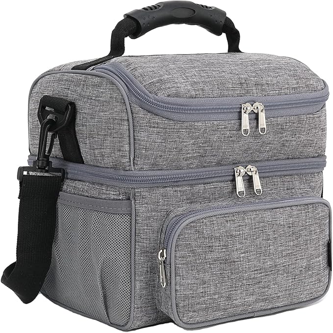 FlowFly Double Layer Cooler Insulated Lunch Bag Adult Lunch Box Large Tote Bag for Men, Women, With Adjustable Strap,Front Pocket and Dual Large Mesh Side Pockets